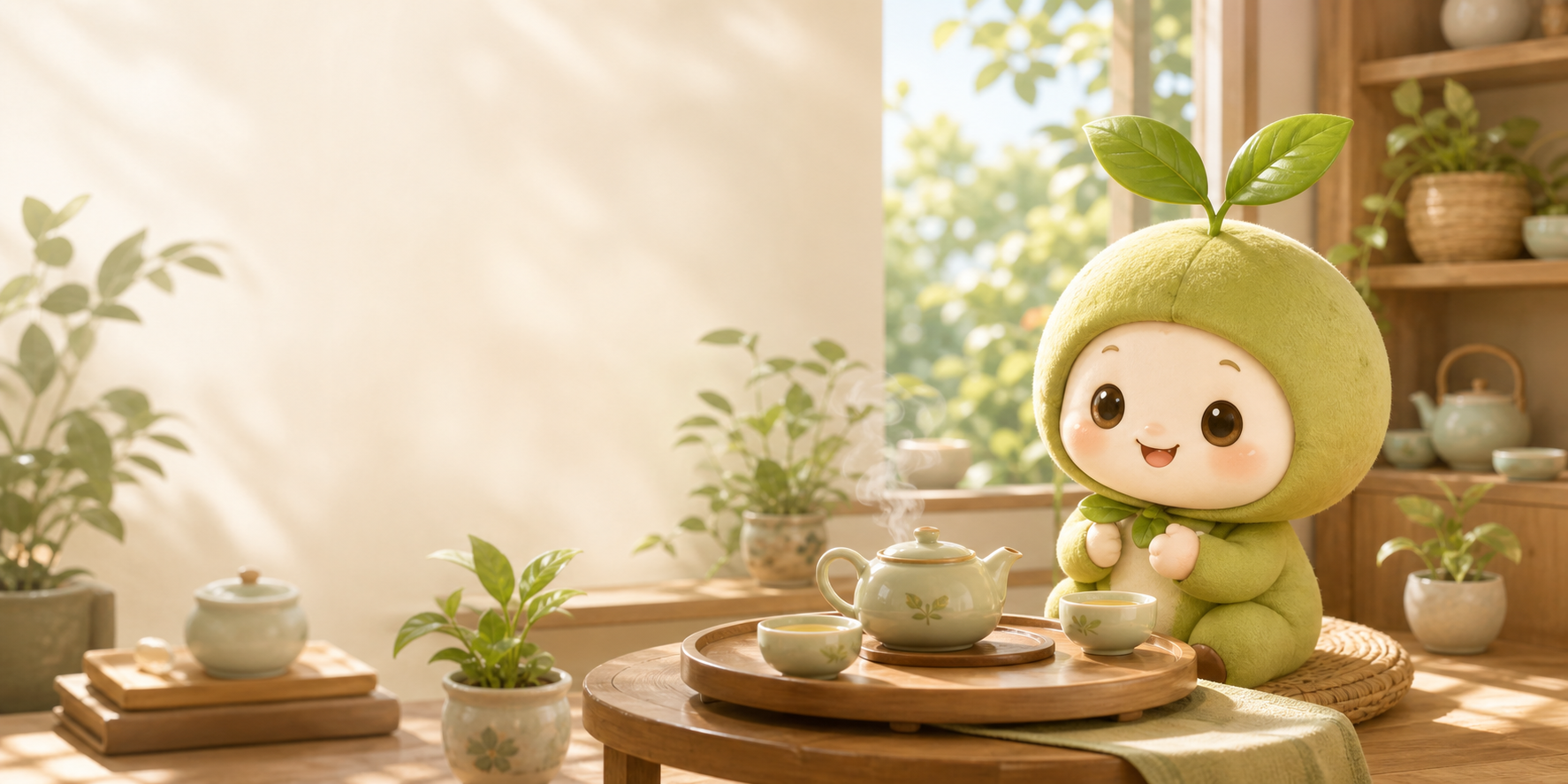 阳光茶馆里,小茶灵守着一桌清茶