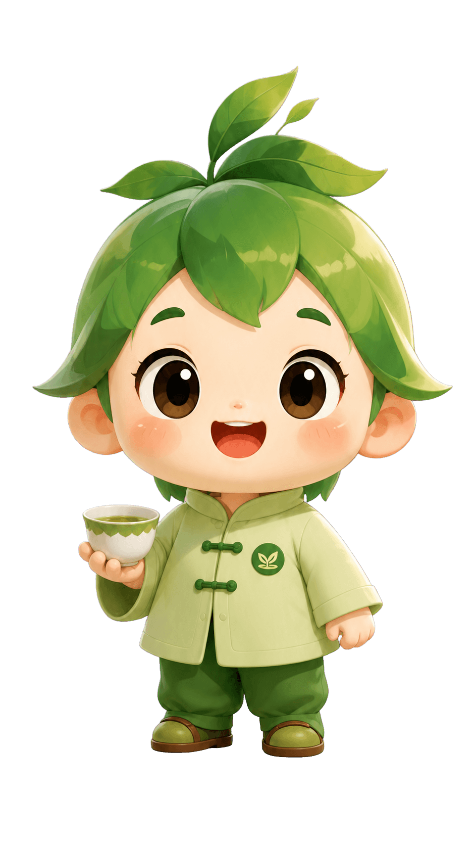 小茶灵捧着茶杯向老板问好